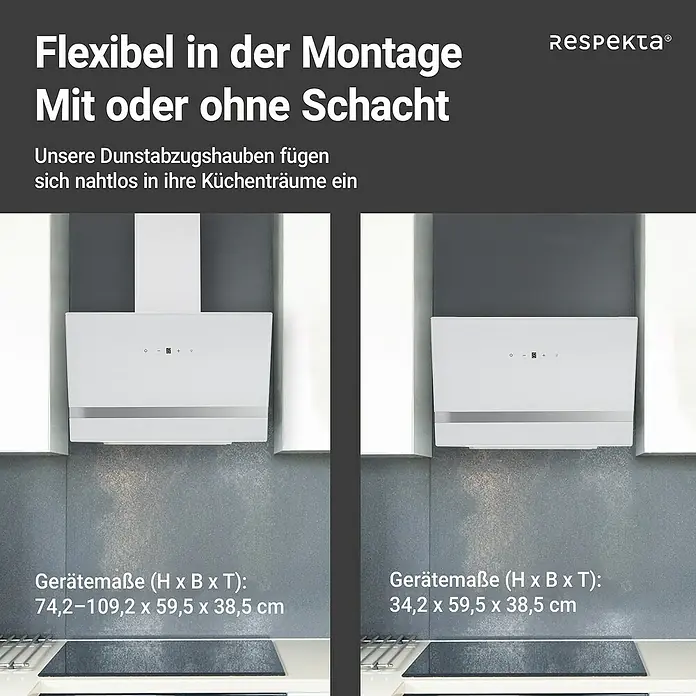 Respekta Schräghaube Hera - Breite: 59,5 cm, Max. Gebläseleistung Abluftbetrieb: 567,9 m³/h, Weiß/Silber - Abbildung einer Respekta Dunstabzugshaube, die flexibel mit oder ohne Schacht montiert werden kann, und die sich nahtlos in jede Küche einfügt.
