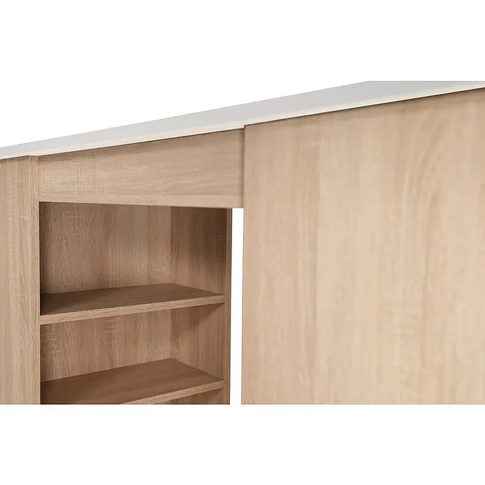 Respekta Merle Bartisch - L x B x H: 67 x 138 x 108 cm, Weiß Matt - Detailaufnahme eines Holzschranks mit Regalen und einer Schiebetür, die einen Teil des Schranks verdeckt und eine moderne Optik bietet.