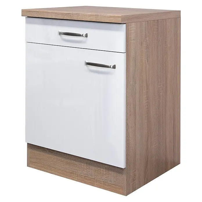 Flex-Well Valero Küchen-Unterschrank - 60 x 60 x 86 cm, Weiß - Schrank mit einer Schublade und einer Tür, weiß und Holzstruktur. Praktische und stilvolle Aufbewahrungslösung.