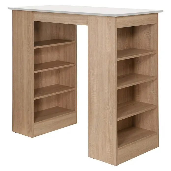 Respekta Merle Bartisch - L x B x H: 67 x 138 x 108 cm, Weiß Matt - Dieses Bild zeigt einen stilvollen Stehtisch mit integriertem Regal in heller Holzoptik und weißer Tischplatte. Ein funktionales Möbelstück für Küche oder Essbereich.