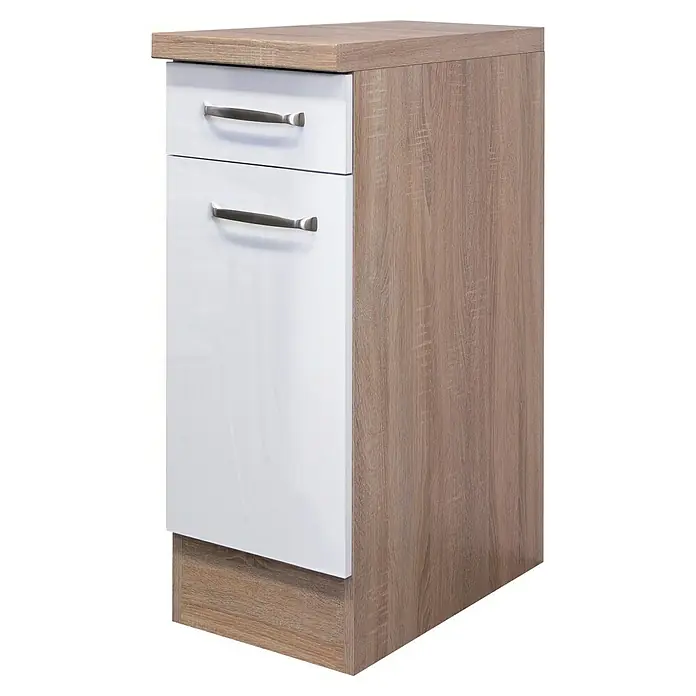 Flex-Well Valero Unterschrank - 60 x 30 x 86 cm, Weiß - Ein schmaler Küchenschrank mit zwei weißen Schubladen und einem Holzrahmen für zusätzlichen Stauraum.