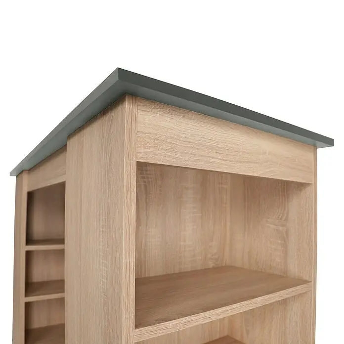 Respekta Merle Bartisch - L x B x H: 67 x 138 x 108 cm, Grau Matt - Nahaufnahme eines Bücherregals in Holzoptik mit grauer Oberseite, das Stauraum und Organisation bietet.