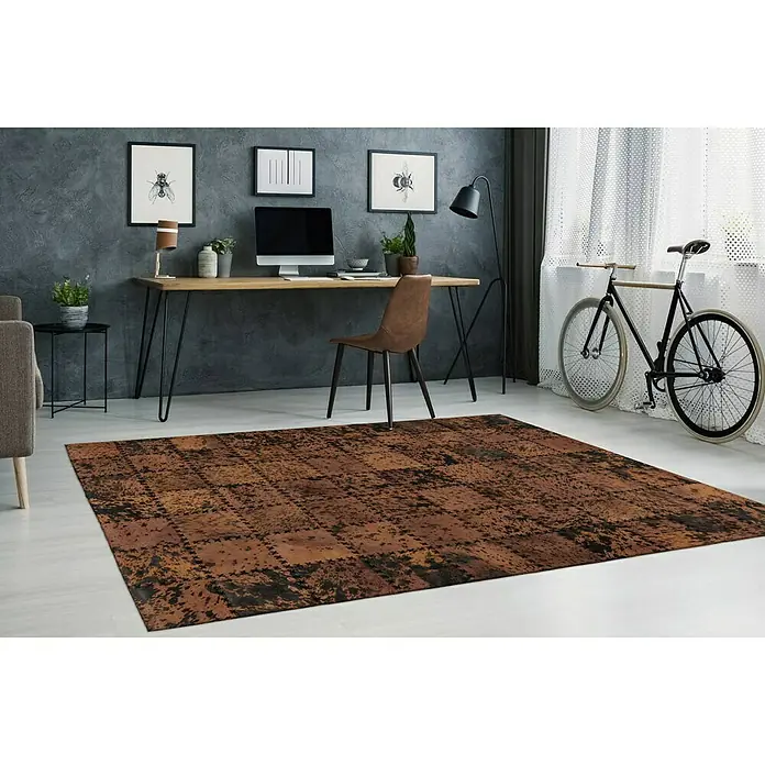 Kayoom Lederteppich Viola - Braun, 290 x 200 cm, 100 % Echtleder - Ein detailreicher Teppich mit einem Rost- und Erdtöne-Design, das jedem Raum Wärme und Charakter verleiht. Der Teppich ist ein echter Hingucker.