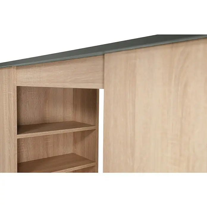 Respekta Merle Bartisch - L x B x H: 67 x 138 x 108 cm, Grau Matt - Nahaufnahme eines Holzschranks mit Schiebetüren und Regalen, der ein modernes und funktionales Design für die Aufbewahrung bietet.