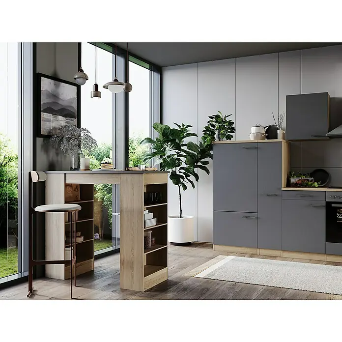 Respekta Merle Bartisch - L x B x H: 67 x 138 x 108 cm, Grau Matt - Ein modernes Küchendesign mit einem stilvollen Bartisch aus Holz, der Stauraum bietet und perfekt in die helle Umgebung passt.