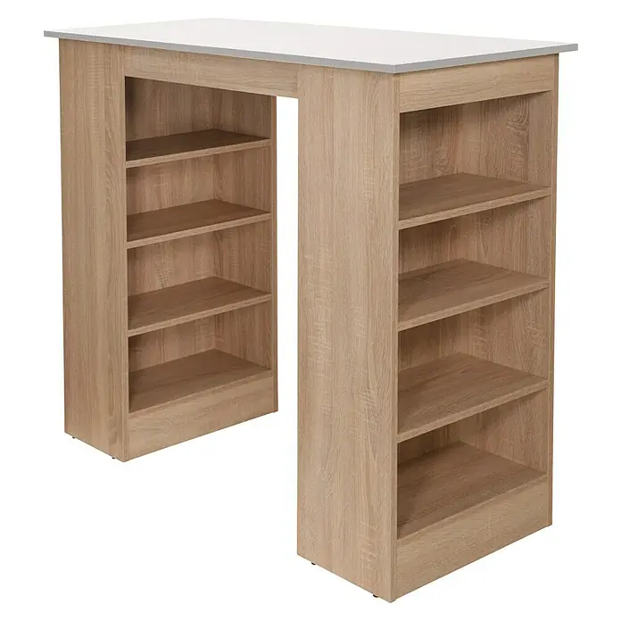 Respekta Merle Bartisch - L x B x H: 67 x 138 x 108 cm, Weiß Matt - Freistehender Bartisch mit Regalen in hellem Holzdekor und einer weißen Tischplatte, ideal für Küche oder Essbereich.