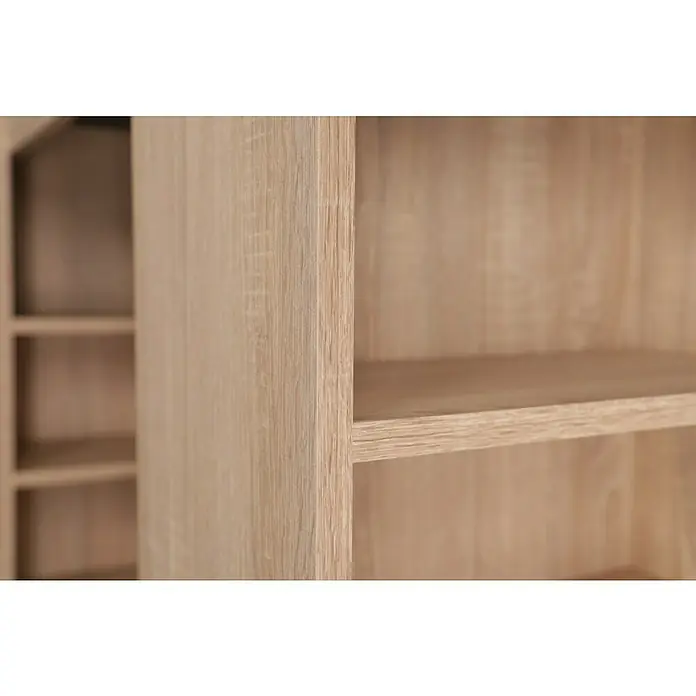 Respekta Merle Bartisch - L x B x H: 67 x 138 x 108 cm, Schwarz Matt - Nahaufnahme eines Holzregals mit Regalböden, das die Maserung und Struktur des Regals zeigt.