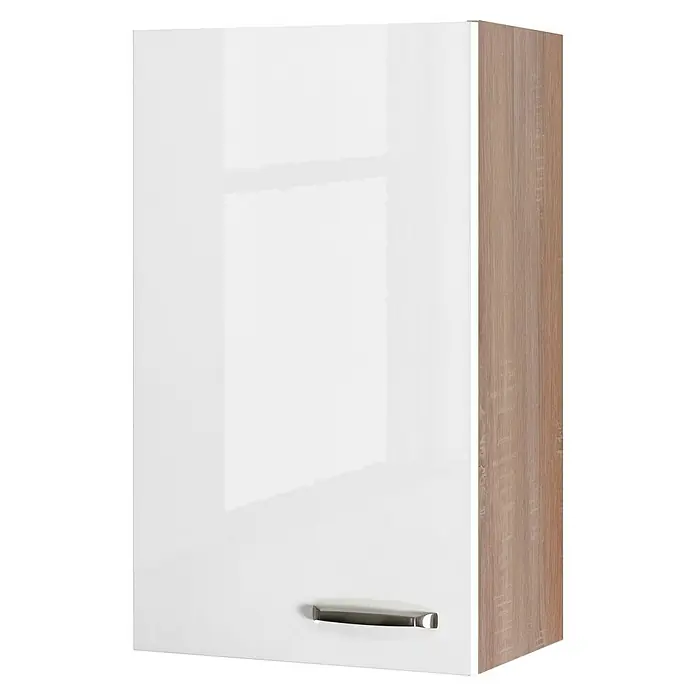 Flex-Well Valero Küchen-Hängeschrank - 32 x 50 x 89 cm, Weiß - Ein hochglänzender, weißer Hängeschrank mit einem Griff und einer holzfarbenen Seitenwand für die Küche oder das Bad. Viel Stauraum garantiert!