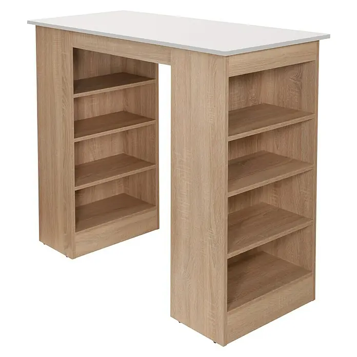 Respekta Merle Bartisch - L x B x H: 67 x 138 x 108 cm, Weiß Matt - Das Bild zeigt einen Bartisch mit Stauraum, der aus hellem Holz gefertigt und mit einer weißen Tischplatte versehen ist. Die Regale bieten praktischen Platz.