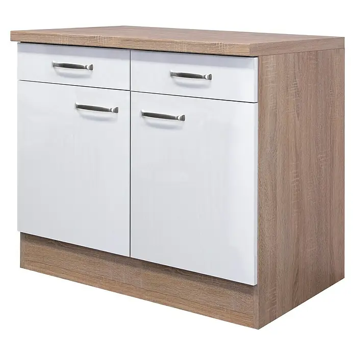 Flex-Well Valero Küchen-Unterschrank - 60 x 100 x 86 cm, Weiß - Elegantes Sideboard mit weißen Fronten und Holzoptik, ideal für stilvolle Aufbewahrung.