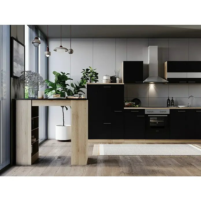Respekta Merle Bartisch - L x B x H: 67 x 138 x 108 cm, Schwarz Matt - Moderne Küche mit schwarzer Einbauküche, Tresen in Holzoptik und Hängeleuchten, die eine stilvolle und funktionale Atmosphäre schaffen.