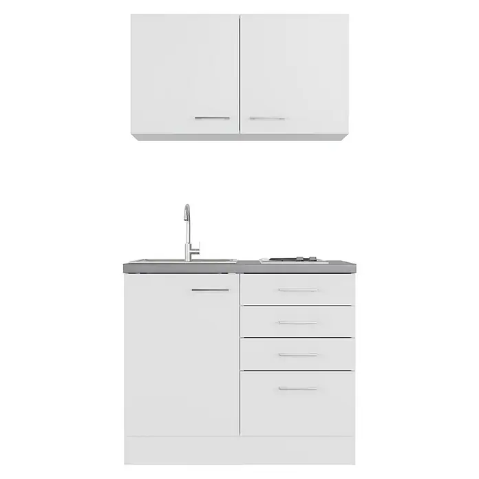 Flex-Well Rom  Miniküche - Breite: 100 cm, Weiß, Mit Elektrogeräten - Küchenzeile mit weißen Schränken und Spüle mit Armatur. Perfekt für eine moderne Kücheneinrichtung.