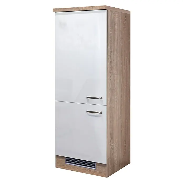 Flex-Well Valero Demi-Geräteumbauschrank - 60 x 60 x 162 cm, Weiß, 1 Nische für integrierten Kühlschrank - Moderner zweitüriger weißer Schrank mit silbernen Griffen und Holzrahmen. Praktische und elegante Aufbewahrungslösung.