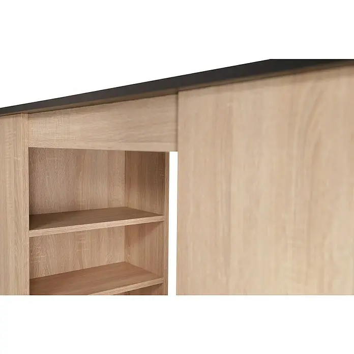 Respekta Merle Bartisch - L x B x H: 67 x 138 x 108 cm, Schwarz Matt - Nahaufnahme eines Holzregals mit Schiebetüren, das elegantes Design und Funktionalität für stilvolle Aufbewahrungslösungen vereint.