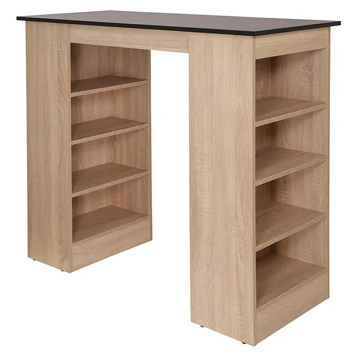 Respekta Merle Bartisch - L x B x H: 67 x 138 x 108 cm, Schwarz Matt - Das Bild zeigt einen Bartisch mit Regalen in heller Holzoptik und einer dunklen Tischplatte, ideal für Küche oder Essbereich.