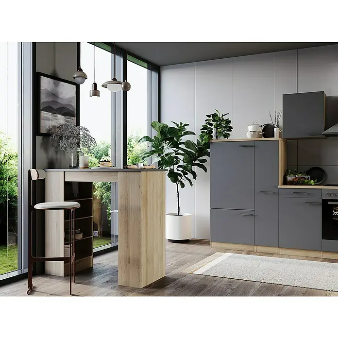 Respekta Merle Bartisch - L x B x H: 67 x 138 x 108 cm, Grau Matt - Elegante Küchenszene mit einer modernen Bar aus hellem Holz, ergänzt durch einen stilvollen Barhocker und sanfte Beleuchtung für eine warme Atmosphäre.