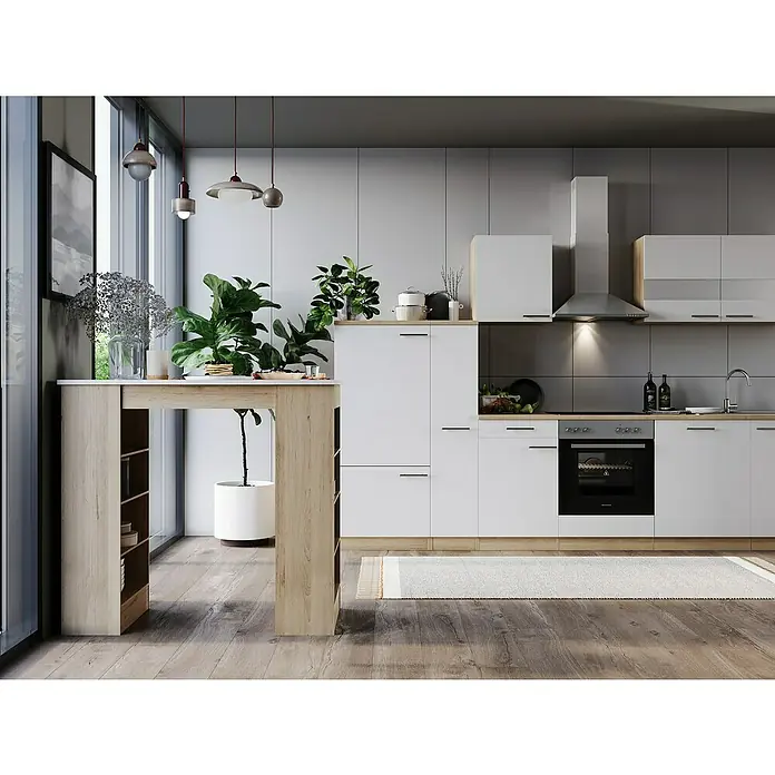 Respekta Merle Bartisch - L x B x H: 67 x 138 x 108 cm, Weiß Matt - Moderne Küche mit weißen Schränken, einer Dunstabzugshaube aus Edelstahl und einer Kücheninsel aus hellem Holz mit integrierten Regalen.
