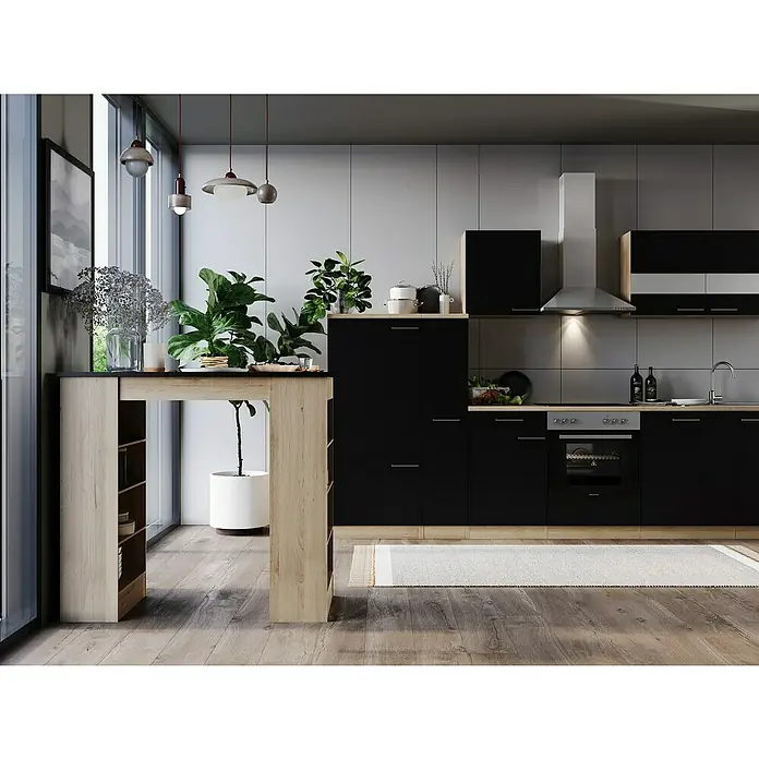 Respekta Merle Bartisch - L x B x H: 67 x 138 x 108 cm, Schwarz Matt - Elegante Küche mit schwarzen Schränken, einer Kochinsel aus hellem Holz und großen Fenstern, die viel Tageslicht hereinlassen. Moderne Kücheneinrichtung.
