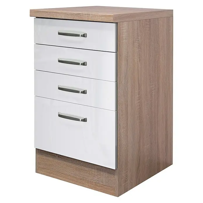 Flex-Well Valero Unterschrank - 57 x 50 x 86 cm, Weiß, 3 Schubkästen - Kommode mit vier Schubladen in Weiß und Holzoptik, ideal für Schlafzimmer oder Wohnzimmer, bietet viel Stauraum und ein modernes Design.