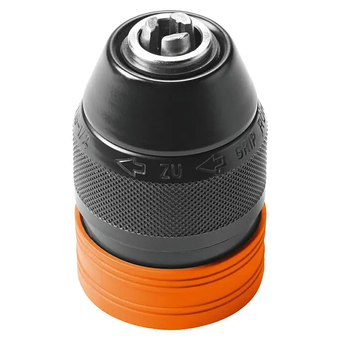 Fein Bohrfutter - Passend für: FEIN Akku-Schrauber mit QuickIN / QuickIN MAX Schnittstelle - Nahaufnahme eines Bohrfutters in Schwarz und Silber mit orangem Akzentring, das Detailgenauigkeit und Funktionalität hervorhebt.