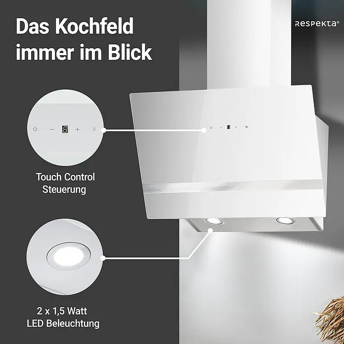 Respekta Schräghaube Hera - Breite: 59,5 cm, Max. Gebläseleistung Abluftbetrieb: 567,9 m³/h, Weiß/Silber - Abzugshaube mit Touch-Control-Steuerung und LED-Beleuchtung. Die Respekta Dunstabzugshaube bietet moderne Technik für die Küche.