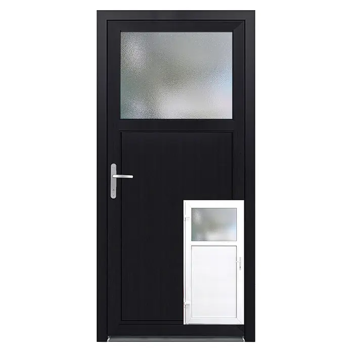 Panto Nebeneingangstür K 504 - 98 x 198 cm, DIN Anschlag: Links, Anthrazit/Weiß - Schwarze Haustür mit Glaseinsatz oben und silbernem Türgriff. Die Tür hat eine moderne und schlichte Optik, ideal für zeitgemäße Häuser.