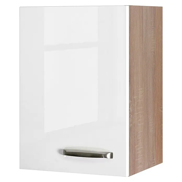 Flex-Well Valero Küchen-Hängeschrank - 32 x 40 x 54,8 cm, Weiß - Nahaufnahme eines Wandschranks mit einer glänzend weißen Tür und einer Holzstruktur an der Seite, ideal für moderne Wohnräume.