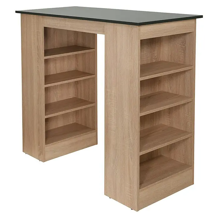 Respekta Merle Bartisch - L x B x H: 67 x 138 x 108 cm, Grau Matt - Bild eines modernen Bartischs mit integrierten Regalen in Holzoptik und einer dunklen Tischplatte. Praktisch und stilvoll für Küche oder Essbereich.