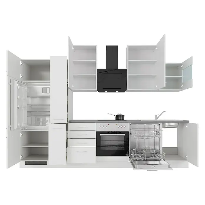 Flex-Well Rom  Küchenzeile Typ 6 - Breite: 310 cm, Weiß, Mit Elektrogeräten - Helle Küche mit weißen Schränken, einem schwarzen Dunstabzug, einem Herd, einem Kühlschrank und einem Geschirrspüler, der die Küchenausstattung komplettiert.