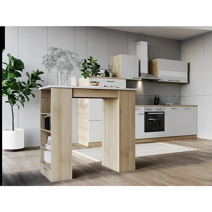 Respekta Merle Bartisch - L x B x H: 67 x 138 x 108 cm, Weiß Matt - Moderne Küche mit Kochinsel und weißem Küchentisch, dekoriert mit Pflanzen und Geschirr, für ein stilvolles Ambiente.
