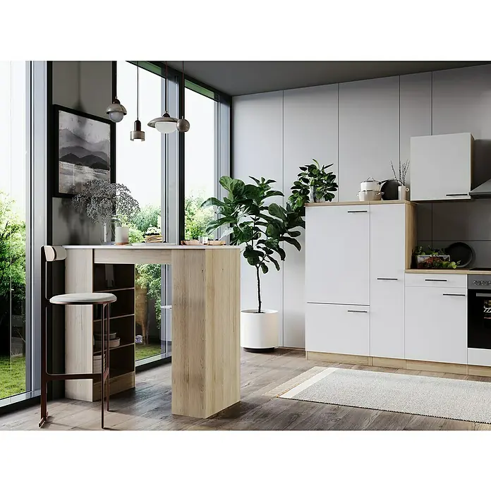 Respekta Merle Bartisch - L x B x H: 67 x 138 x 108 cm, Weiß Matt - Küchenansicht mit Bartisch und Stuhl vor Fenster mit Blick ins Grüne. Helle Küchenschränke und Pflanzen im Raum sorgen für eine freundliche Atmosphäre.