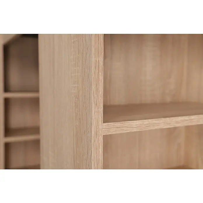 Respekta Merle Bartisch - L x B x H: 67 x 138 x 108 cm, Weiß Matt - Nahaufnahme eines Regals in Holzoptik. Das Regal bietet Stauraum und ist ideal für die Organisation von Büchern und Dekoration.