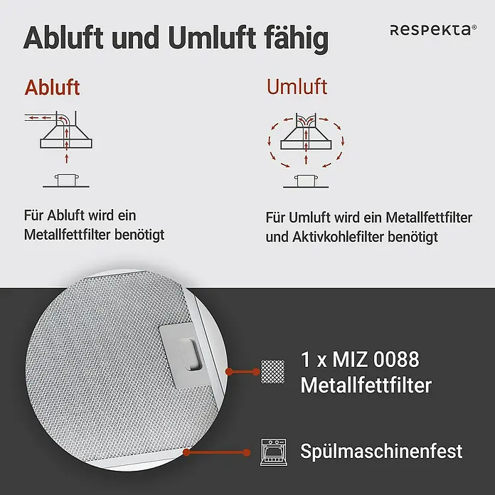 Respekta Schräghaube Hera - Breite: 59,5 cm, Max. Gebläseleistung Abluftbetrieb: 567,9 m³/h, Weiß/Silber - Abbildung eines Respekta Metallfettfilters MIZ 0088, geeignet für Ab- und Umluftsysteme, spülmaschinenfest.