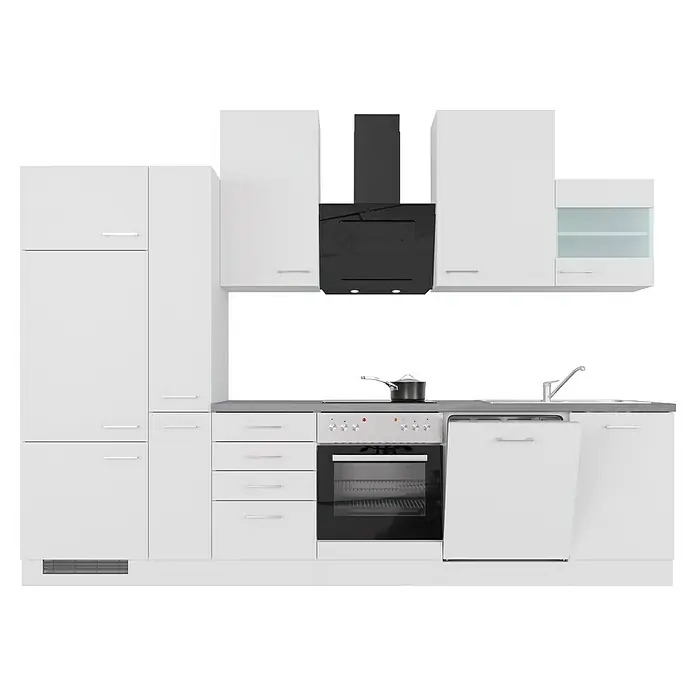 Flex-Well Rom  Küchenzeile Typ 6 - Breite: 310 cm, Weiß, Mit Elektrogeräten - Eine moderne, weiße Küche mit integrierten Geräten wie Herd, Backofen und Dunstabzugshaube. Helle Arbeitsfläche und viel Stauraum.