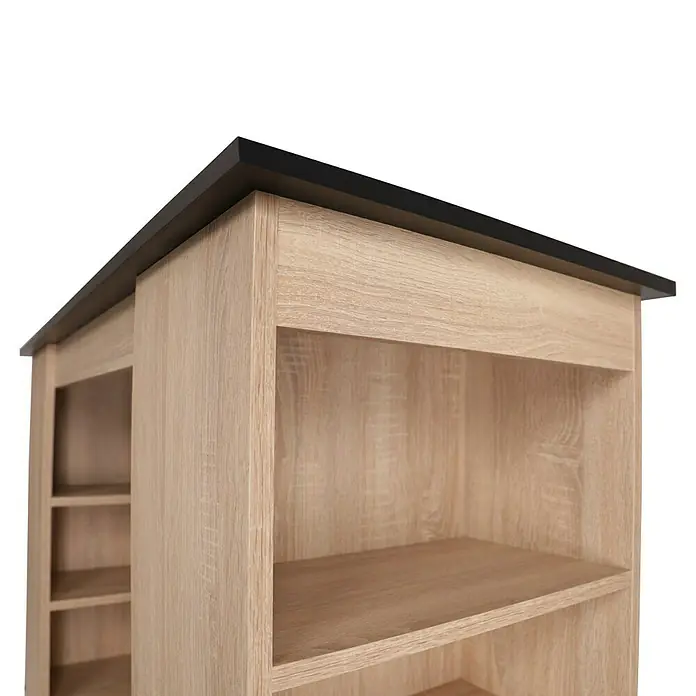 Respekta Merle Bartisch - L x B x H: 67 x 138 x 108 cm, Schwarz Matt - Detailansicht eines Holzregals mit dunkler Oberseite, das Stauraum bietet und ein modernes Design aufweist.