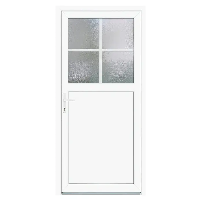 Nebeneingangstür K 502 - 98 x 198 cm, DIN Anschlag: Links, Weiß - Weiße Haustür mit strukturierter Glasscheibe oben und einem Griff auf der linken Seite.