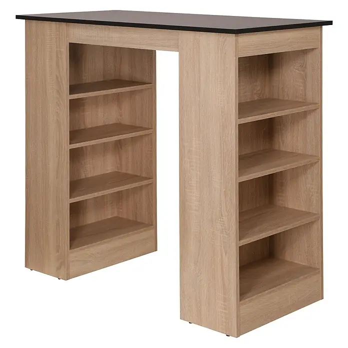 Respekta Merle Bartisch - L x B x H: 67 x 138 x 108 cm, Schwarz Matt - Ein hellbrauner Bartisch mit schwarzer Tischplatte und Regalen auf beiden Seiten. Ideal für Küche oder Essbereich.