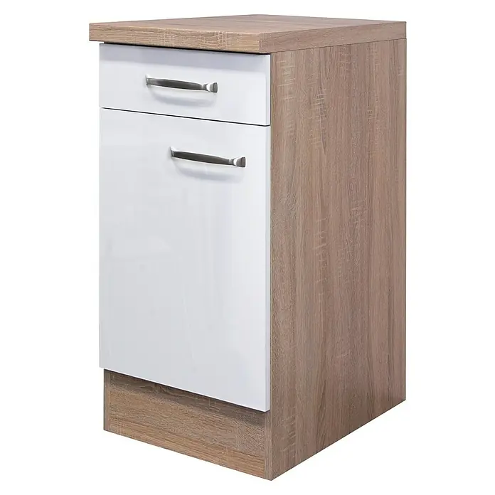 Flex-Well Valero Küchen-Unterschrank - 60 x 40 x 86 cm, Weiß - Küchenschrank mit zwei Schubladen. Weißer Schrank mit Griffen aus Metall und Holzoberfläche für eine moderne Kücheneinrichtung.