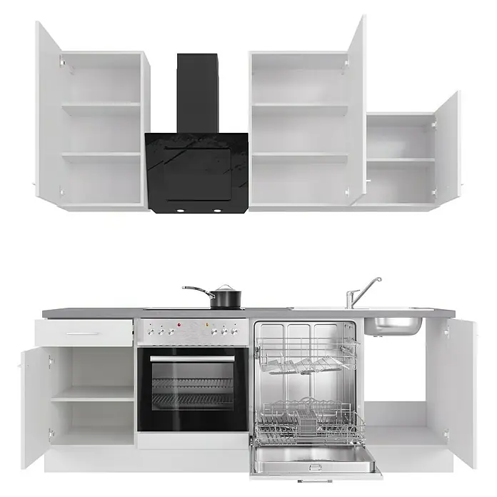 Flex-Well Rom  Küchenzeile Typ 4 - Breite: 220 cm, Weiß, Mit Elektrogeräten - Bild einer modernen Küche mit weißen Schränken, Spüle, Herd und Dunstabzugshaube für einen modernen Look.