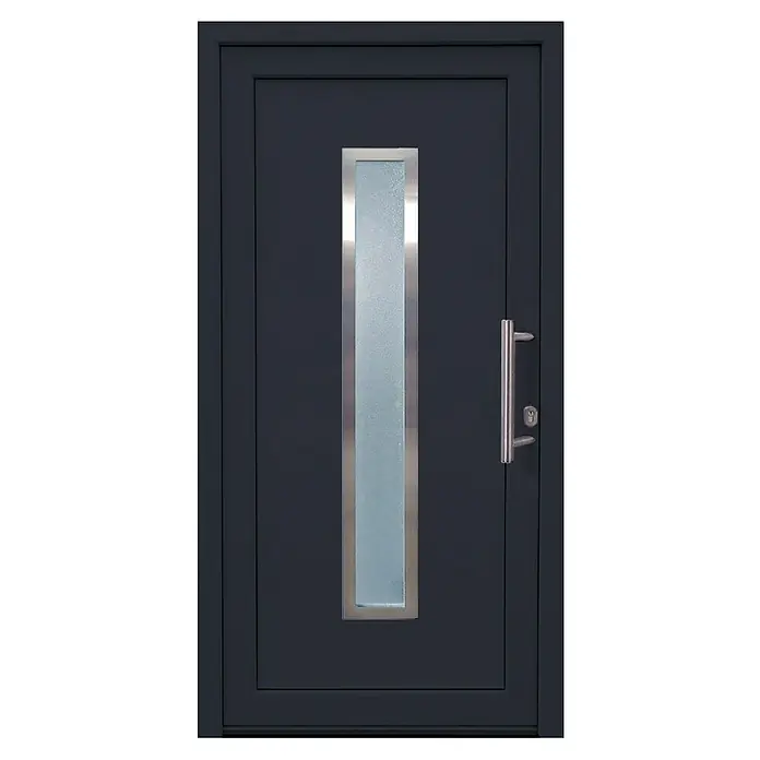 Panto Haustür Elbe K 016 - 110 x 210 cm, DIN Anschlag: Rechts, Anthrazit/Weiß - Graue Haustür mit langem, vertikalem Glaseinsatz und modernem Griff. Eine elegante und sichere Wahl für jeden Eingangsbereich.