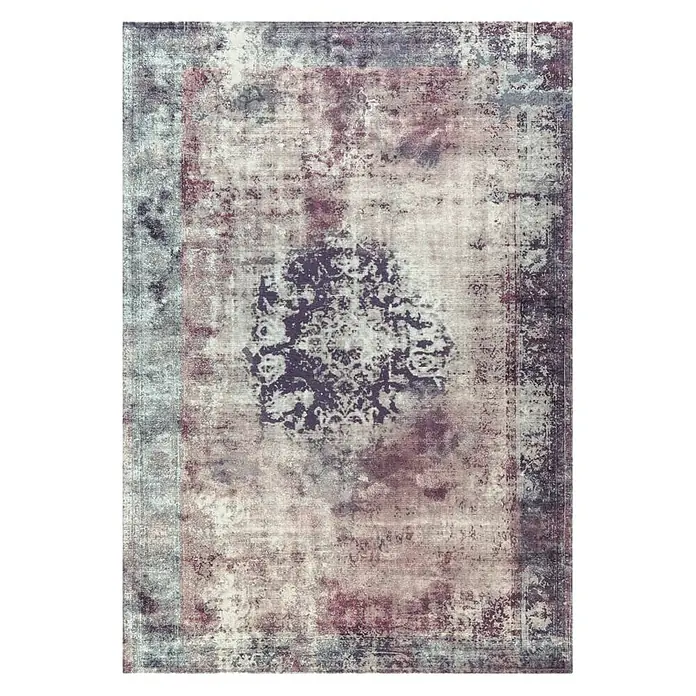 Kayoom Kurzflorteppich Vintage - Bunt, 230 x 160 cm, 100 % Polyacryl - Vintage Teppich in Lila- und Grautönen mit einem floralen Medaillon in der Mitte, ideal für Wohnräume, die einen Hauch von Nostalgie suchen.
