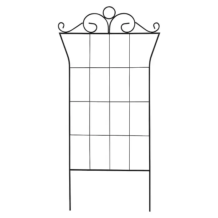 Gardol Zierspalier Latium - 75 x 150 cm, Anthrazit - Metall-Pflanzgerüst mit dekorativen Schnörkeln und quadratischer Gitterstruktur zur Unterstützung von Kletterpflanzen im Garten.