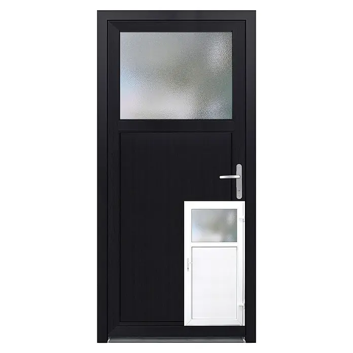 Panto Nebeneingangstür K 504 - 98 x 198 cm, DIN Anschlag: Rechts, Anthrazit/Weiß - Schwarze Tür mit strukturiertem Glasfenster und kleinem weißen Fenster.