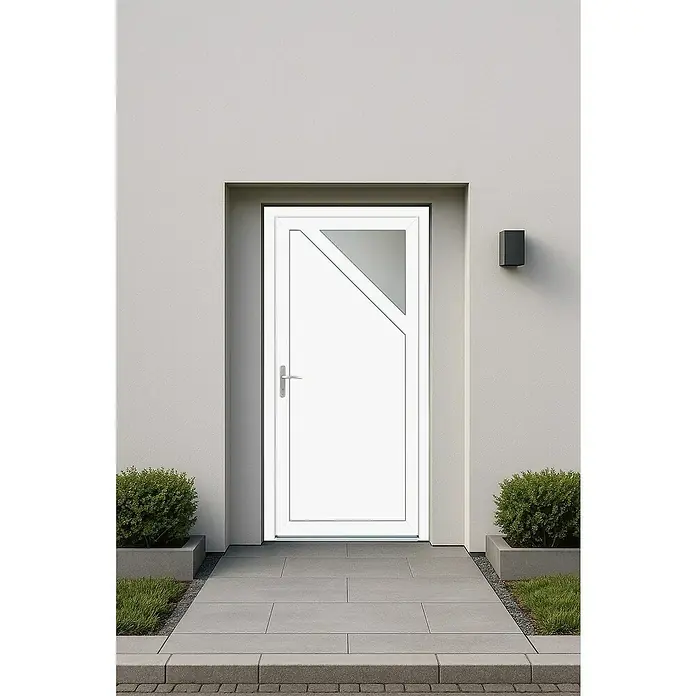 Panto Nebeneingangstür K 509 - 98 x 198 cm, DIN Anschlag: Links, Weiß - Weiße Haustür mit dreieckigem Fenster. Moderne Tür mit geraden Linien, passend zu minimalistischem Design.