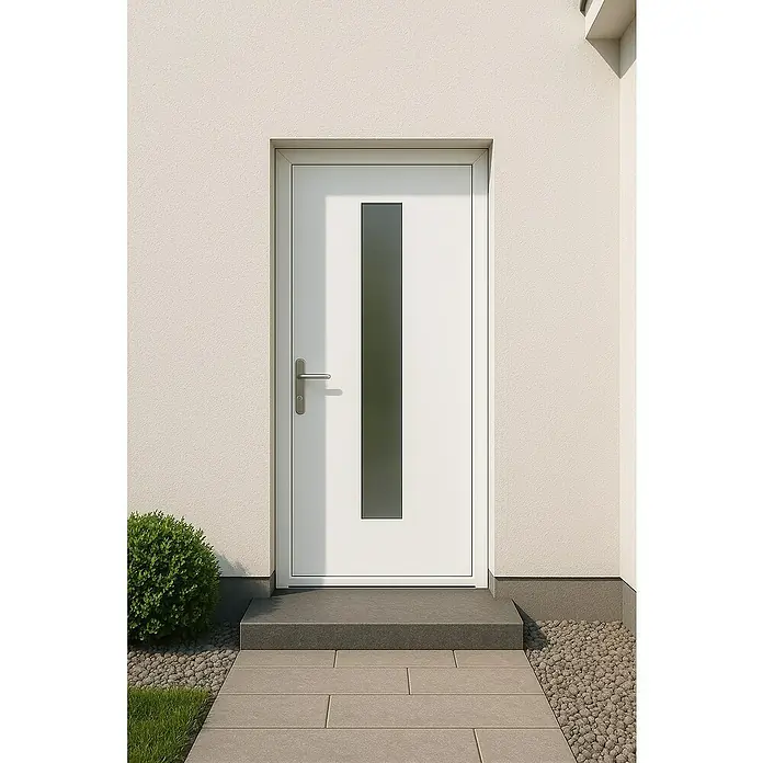 Panto Nebeneingangstür K 508 - 98 x 198 cm, DIN Anschlag: Links, Weiß - Moderne Haustür in Weiß mit schmalem, vertikalem Fenster. Die Tür verfügt über einen silbrigen Griff und ist in eine helle Fassade integriert.