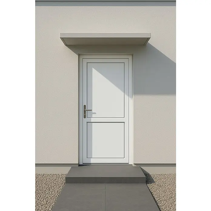 Panto Nebeneingangstür K 507 - 98 x 198 cm, DIN Anschlag: Links, Weiß - Nahaufnahme einer modernen, weißen Haustür mit einem grauen Vordach, die einladend und stilvoll wirkt.