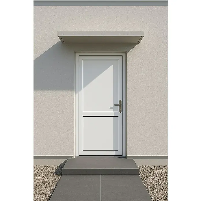 Panto Nebeneingangstür K 507 - 98 x 198 cm, DIN Anschlag: Rechts, Weiß - Eine moderne weiße Tür mit einem schlichten Vordach vor einer strukturierten Wand. Die Tür ist der zentrale Fokus des Bildes.