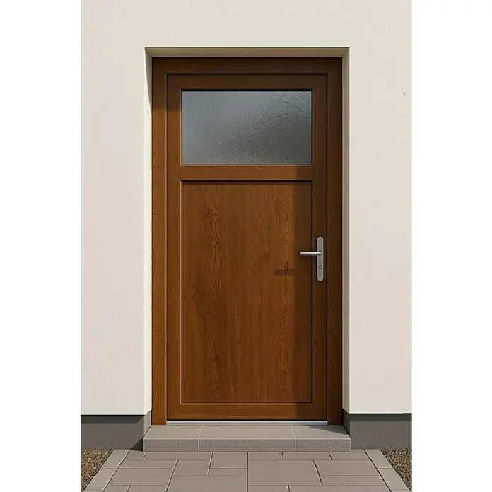 Panto Nebeneingangstür K 504 - 98 x 198 cm, DIN Anschlag: Rechts, Golden Oak - Nahaufnahme einer modernen braunen Haustür mit einem strukturierten Glasfenster, die Eleganz und Sicherheit für jedes Zuhause bietet.