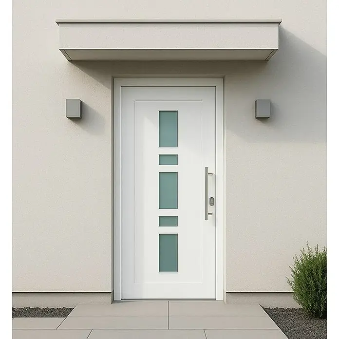 Panto Haustür Weser K 017 - 100 x 200 cm, DIN Anschlag: Rechts, Weiß - Moderne Haustür mit Glaseinsätzen und einem eleganten, länglichen Griff. Das Design integriert sich nahtlos in die Fassade.