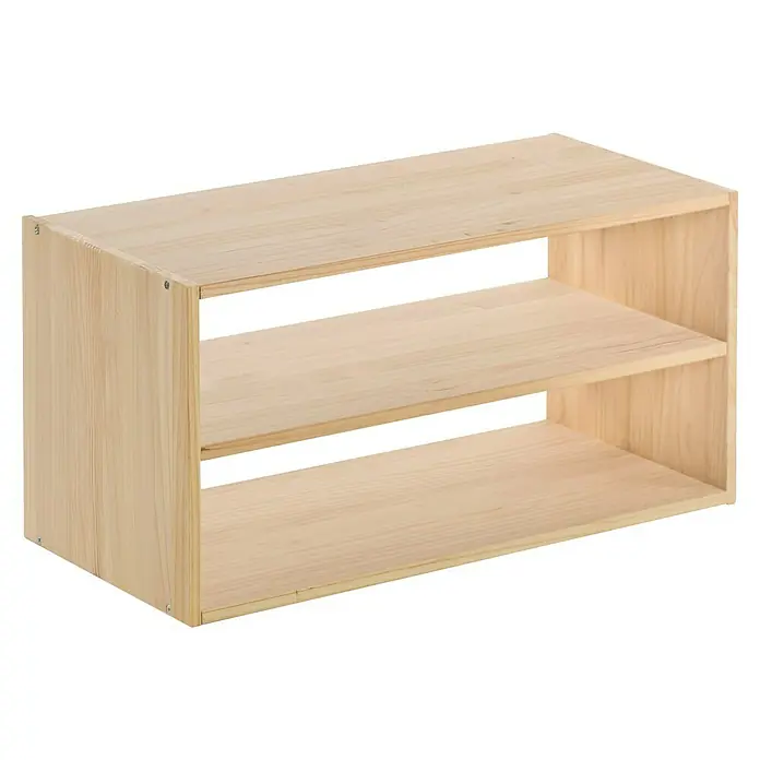 Astigarraga Dinamic Holzregal - H x B x T: 36,2 x 70,8 x 33 cm, Traglast pro Boden: 50 kg, Anzahl Böden: 1 Stk., Schrauben, Natur - Ein hölzernes Schuhregal mit zwei Regalen, das sich ideal für die Aufbewahrung und Organisation von Schuhen eignet.
